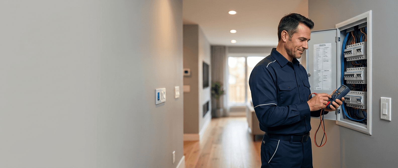 An electrician inspecting a residential electrical panel with a multimeter